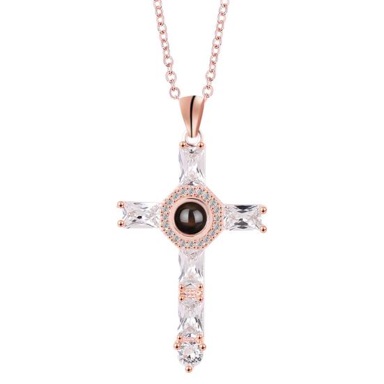 Cross Necklace Shiny Novelty Design Alloy Cross 100 Languages I Love You Projection Necklaces for Daily Dress