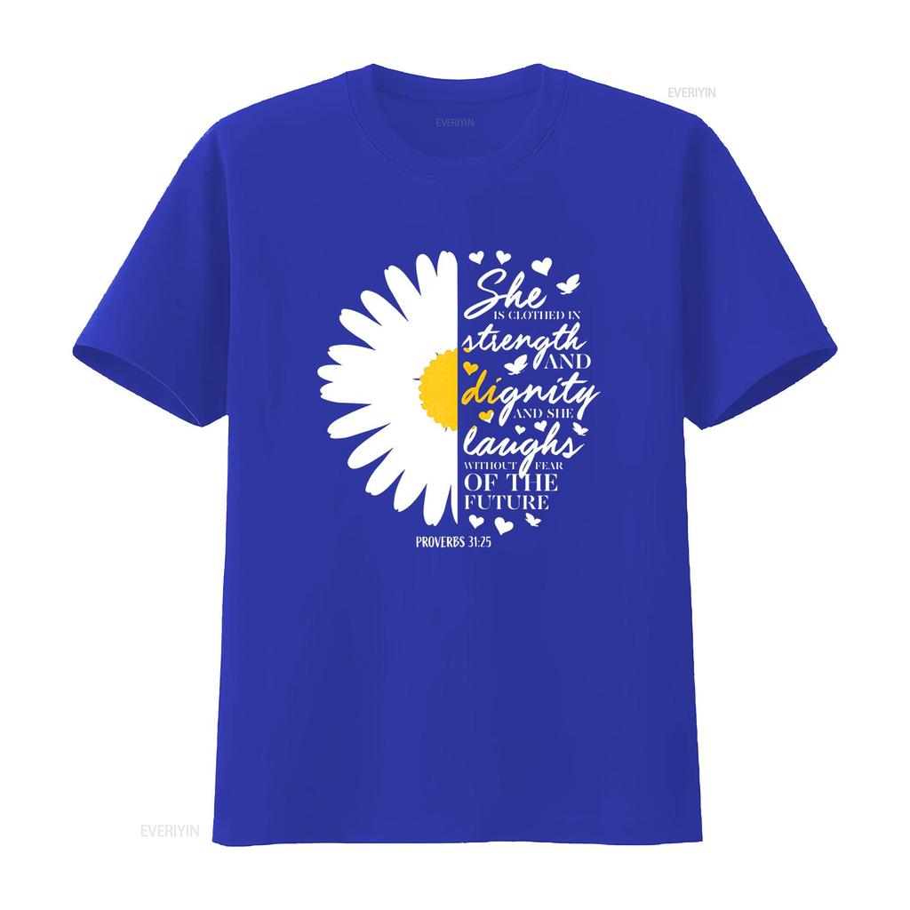 Womens Christian Bible Verse Proverbs 31 28 White Daisy Flower T Shirt Black vintage Washed Versatile Soft
