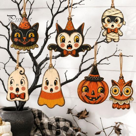 Black Cat Mummy Wooden Tree Pendants 6Pcs Vintage Halloween Ornaments for Decorations, Pumpkin Wood Cutout Pastoral Cute Indoor Decor Owl Hanging