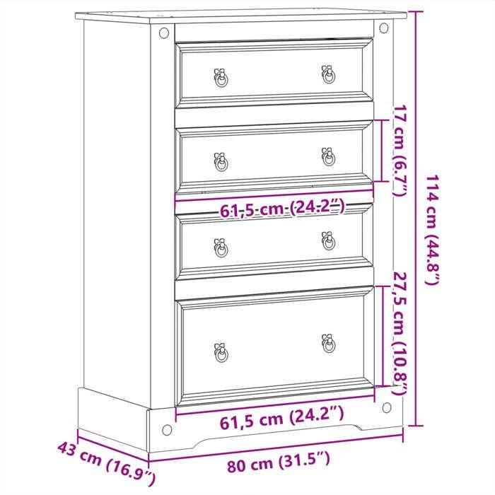 VidaXL Commode Corona 80x43x114 cm bois massif de pin, commode à tiroirs, classeur, armoire à tiroirs, armoire de rangement, 4005672