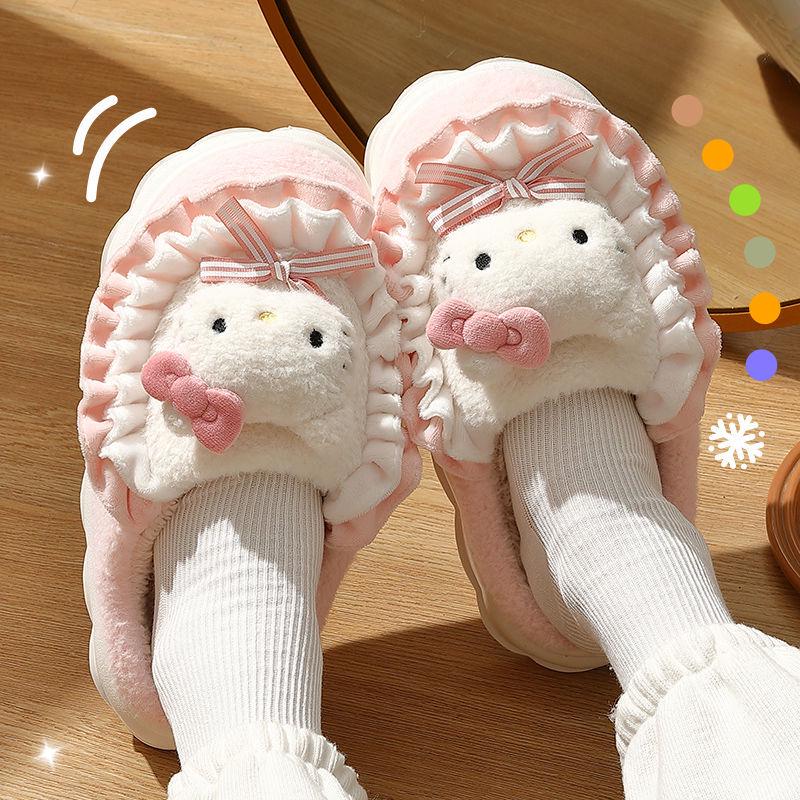 Official Hello Kitty Kuromi Women's Cotton Slippers - Autumn/Winter 2025 Cute Cartoon Plush