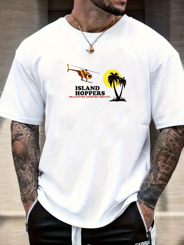 Mens Island Hoppers Helicopter Graphic Tee Summer Soft Oversized Daily Wear Top