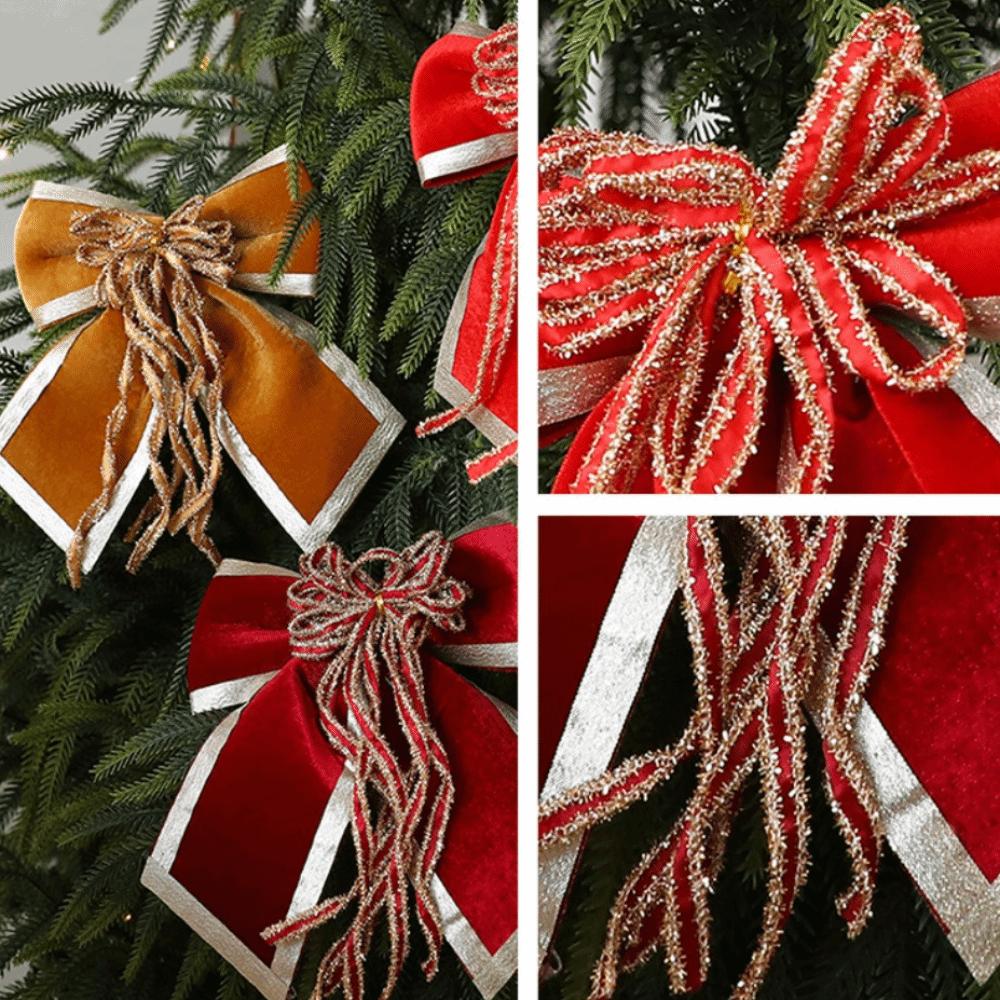 Sparkling Christmas Bow Pendant Flocked DIY Wreath Decorative Bow with Ribbon Xmas Hanging Ornaments Fireplace