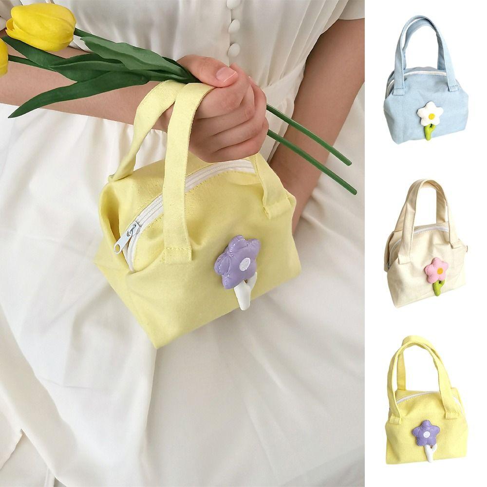 

Zipper Canvas Flower Handbag Candy Color Small Lunch Bag Portable Flower Makeup Bag Female/Girls
