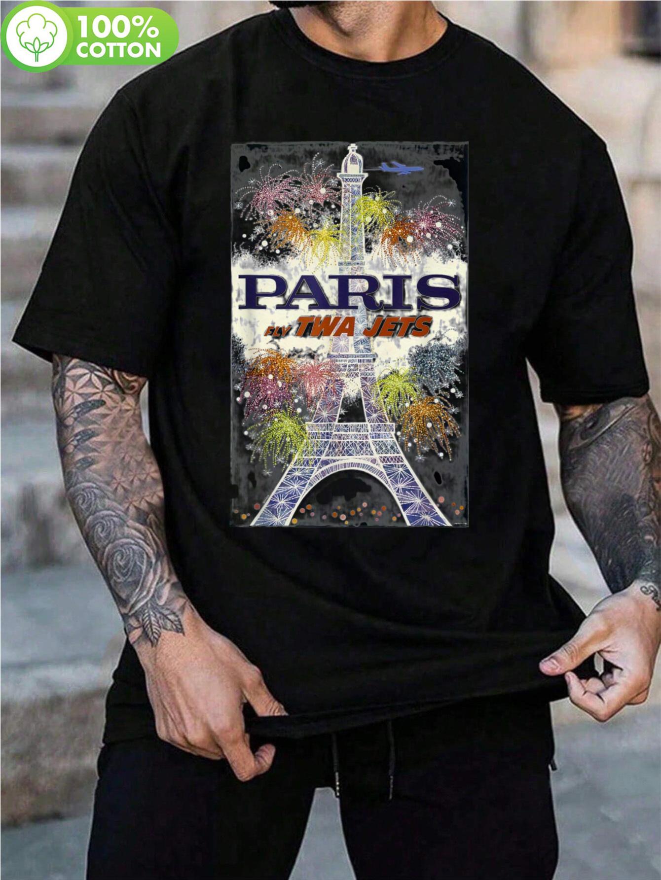 

Paris Fly TWA Jets Vintage Retro Graphic T-shirt - 100% Cotton Unisex Tee with Eiffel Tower & Jet Design XXXXL