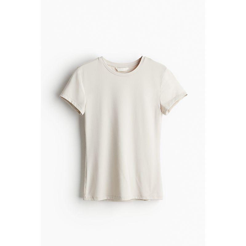 

HM Women s T-shirt 2025 Autumn New Fashion Casual round Neck Minimalist Silm Figure Flattering Short Sleeve Top 1142908 Light Beige 155/76