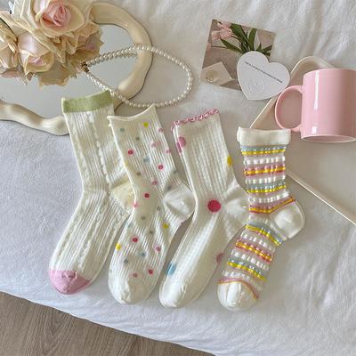 Women's Summer Thin Color Polka Dot Stripe Dot Mesh Hollow Breathable Boneless Tube Socks