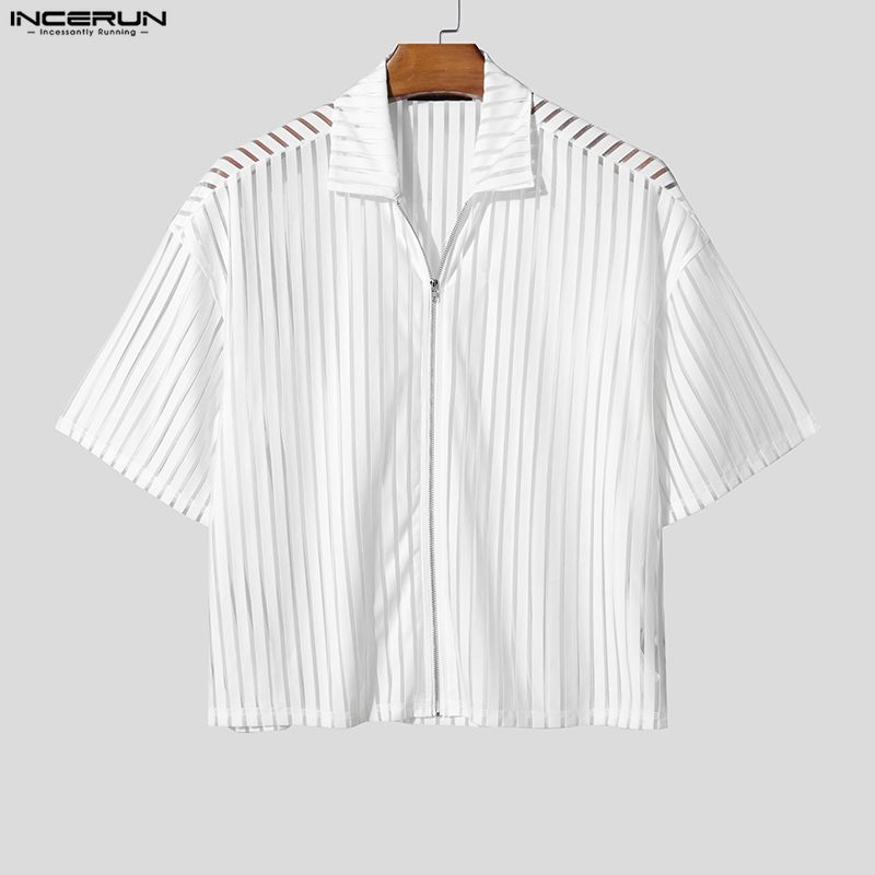 INCERUN T-shirt Corte Estive da Uomo a Maniche Corte con Zip in Rete Trasparente Vuota da Spiaggia