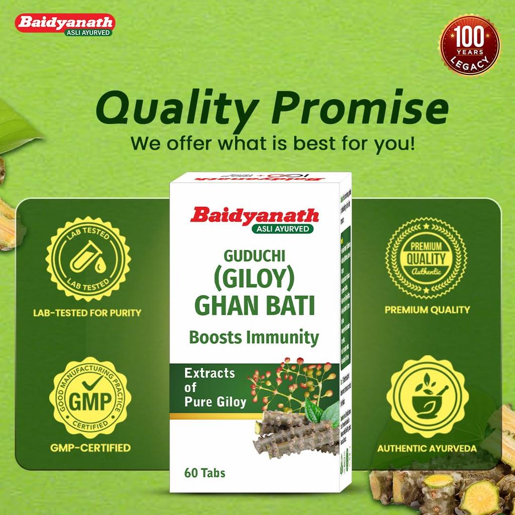 Baidyanath Guduchi Giloy Ghan Bati Tablets 60 Nos Pack Ayurvedic Immunity Booster Giloy Tablets for Wellness