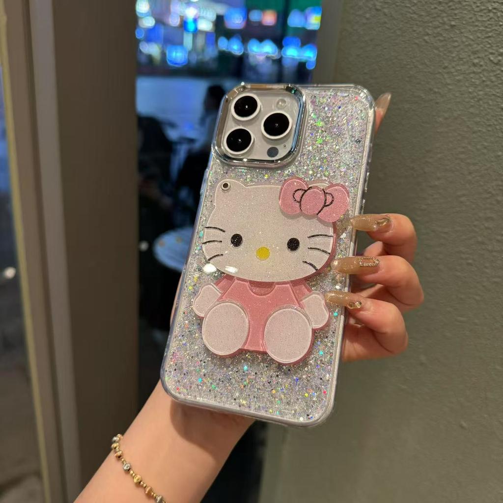 Cartoon Kt cat makeup mirror for OPPO reno14 glitter anti-drop realmeV60 all-inclusive A8 protective case
