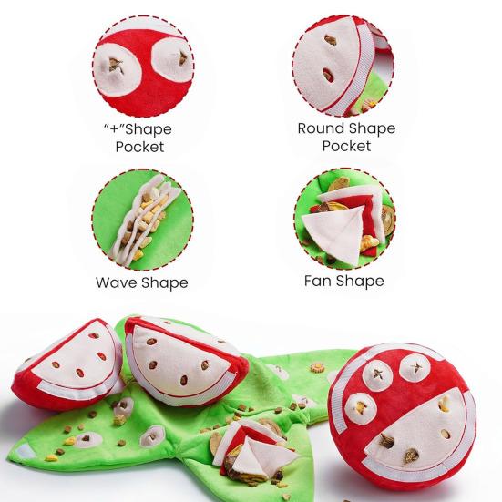 Edukacyjna interaktywna zabawka dla psa Arbuzowa pluszowa zabawka-ukryj i szukaj z piszczałką i dźwiękami szeleszczenia Małe i średnie psy Trening IQ Zabawka do gryzienia