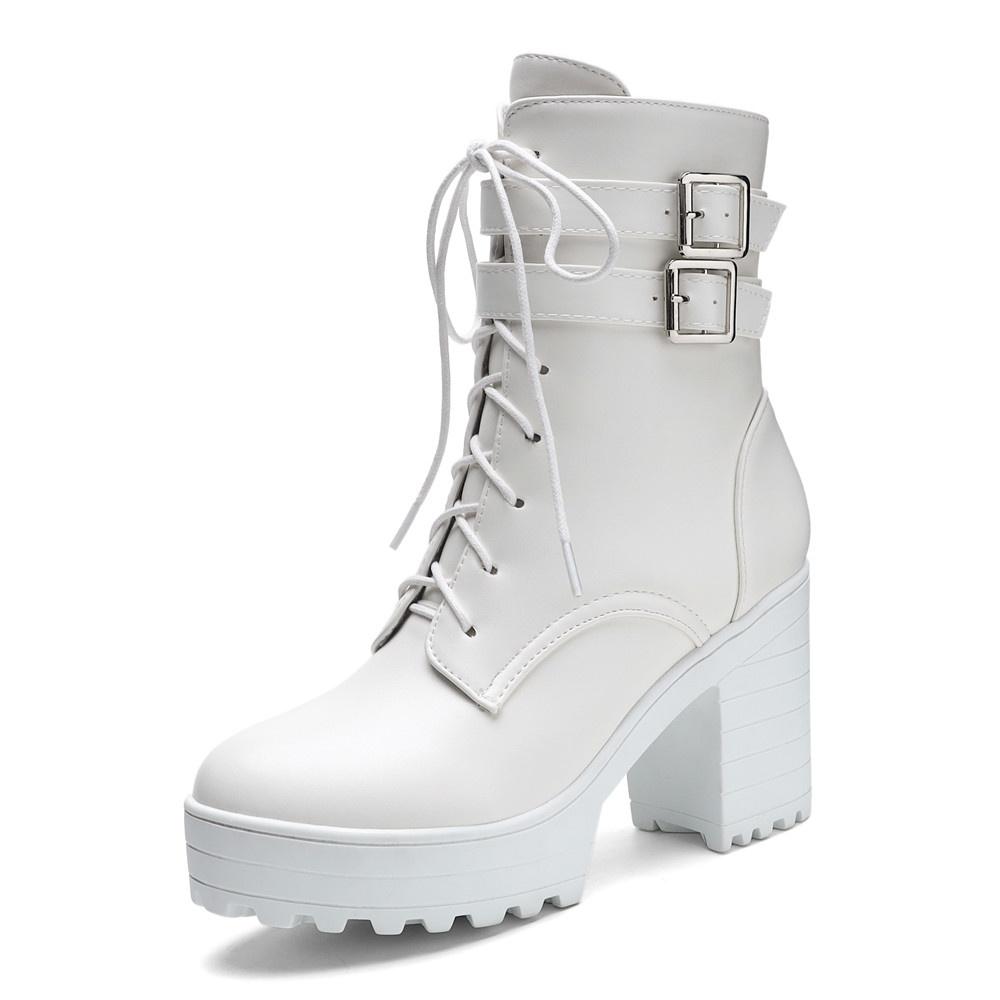 

Autumn Winter Shoes Women Motorcycle Boots Ladies Boot Stylish Lady Ankle Boots High Heel Platforms Sexy Botas Buckle White 35