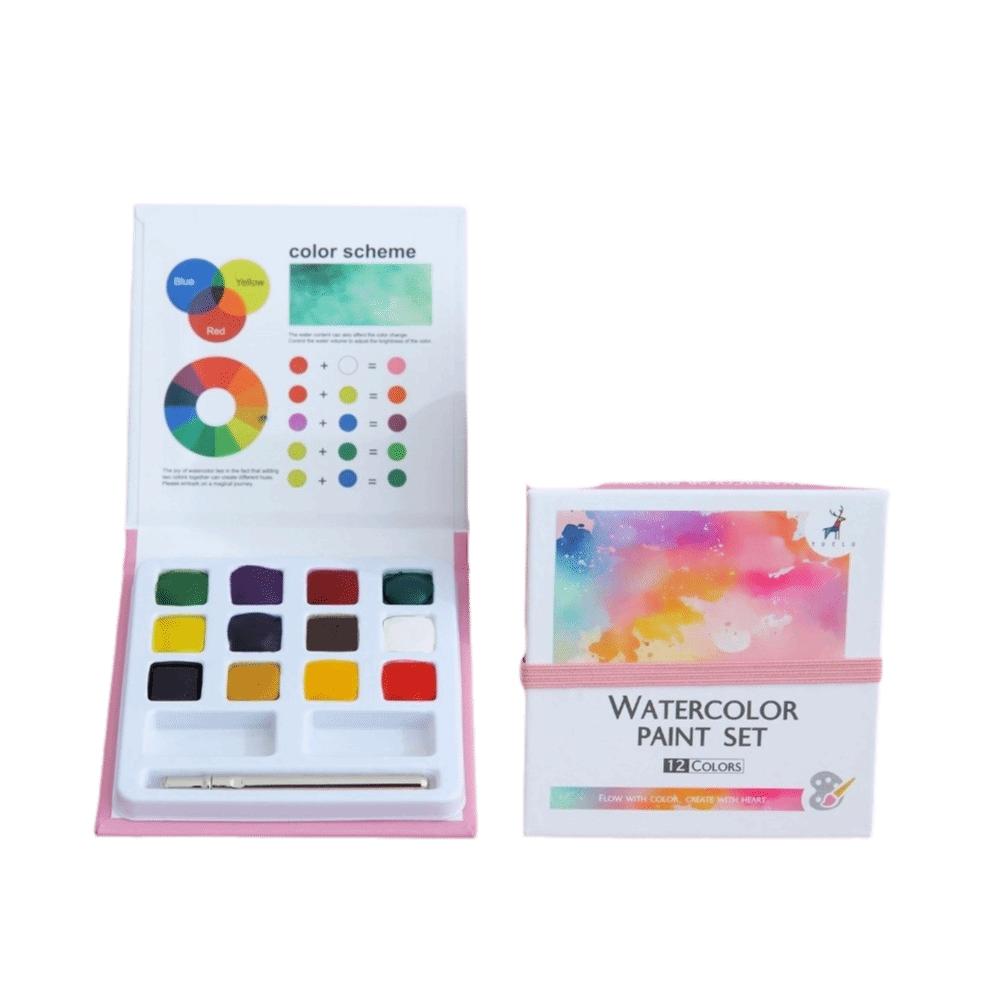 12 Colors Solid Watercolor Paint Set Portable Non‑toxic Travel Watercolor Set Travel Size Solid Watercolor Paint Box Travel
