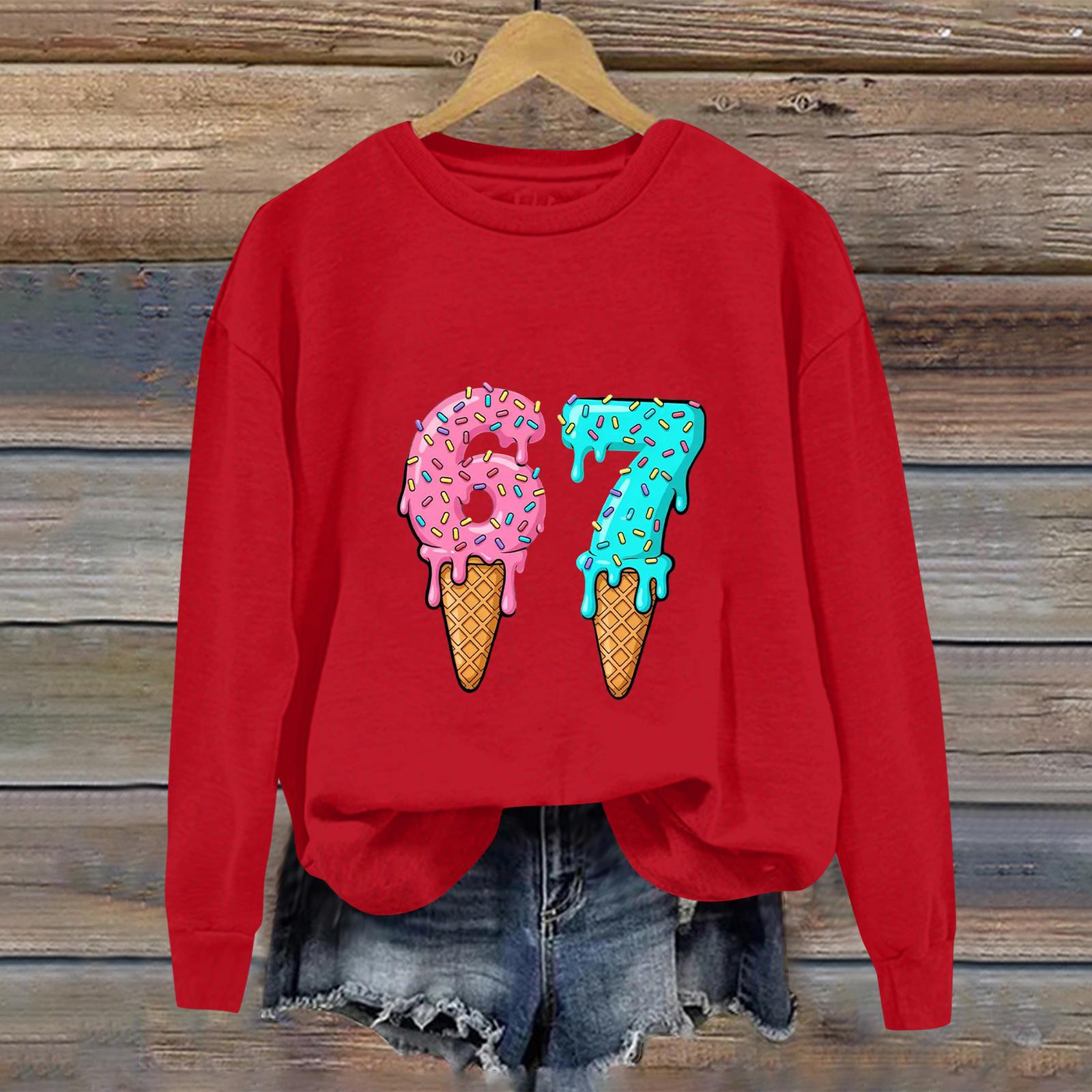 

Ladies Digital Printed Casual Long Sleeved Hooded Sweatshirt Top XL червоний