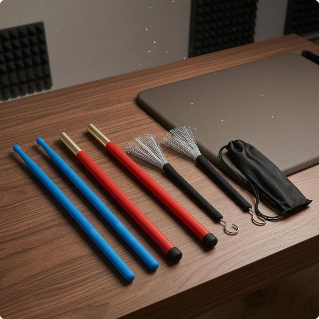 Trommelzubehör-Bundle mit Aufbewahrungstasche Sticks Schlägel Bürsten Set Gemischtes Material