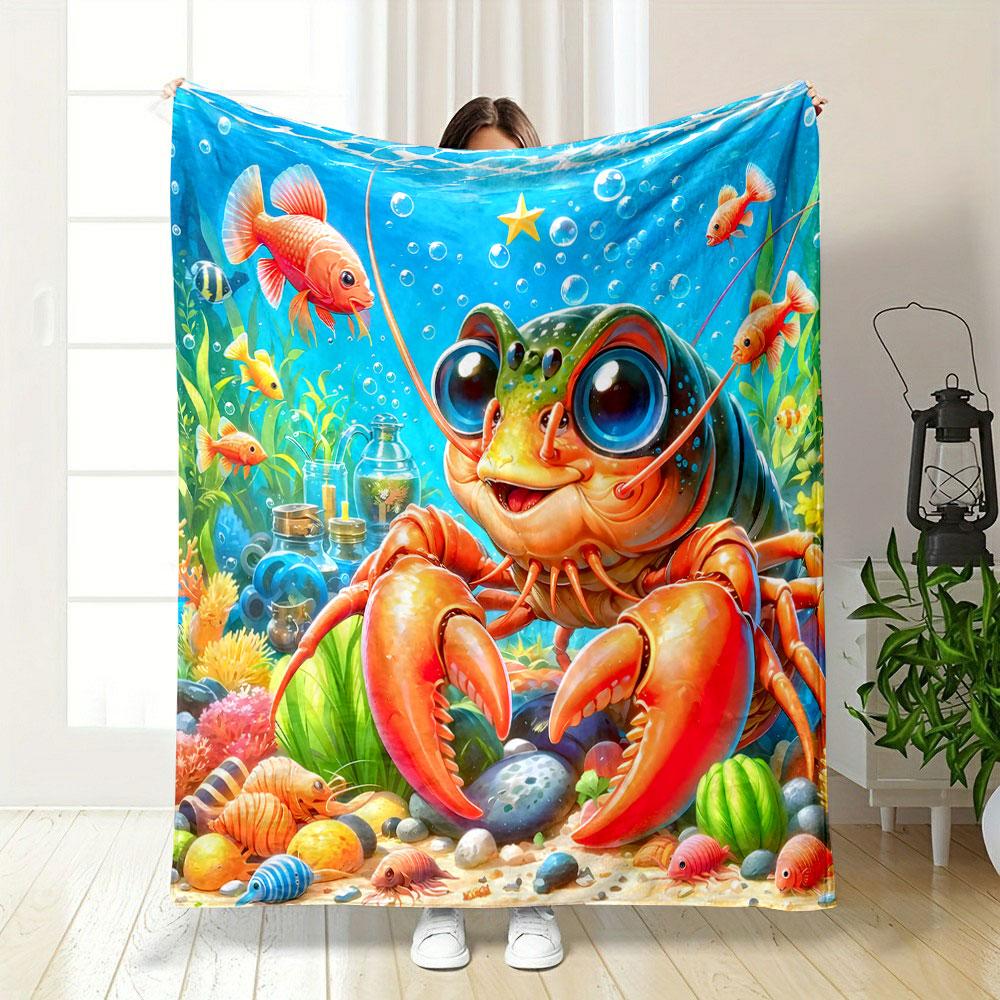 Cheerful Lobster Underwater Scene Patterned blanket, flannel, suitable for all seasons, home decor, warm and cozy