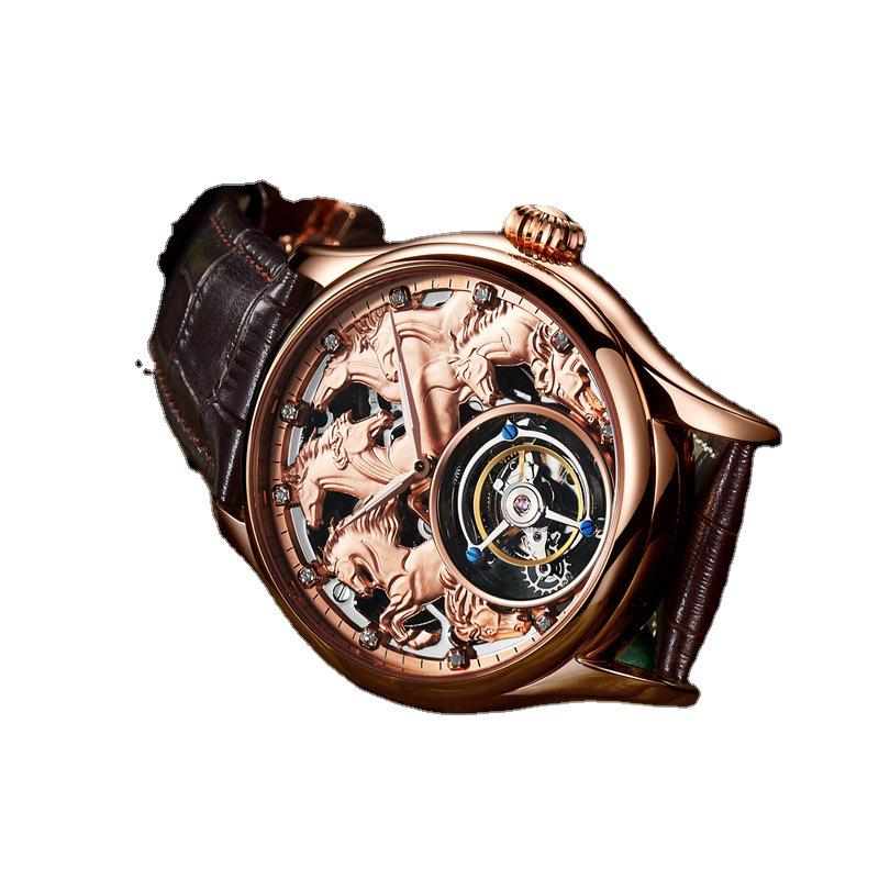 Swiss 18k Gold Tourbillon Men's Automatic Skeleton Watch with Leather Strap