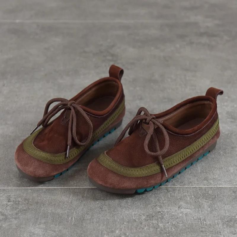 Johnature Soft Cowhide Women's Flat Shoes Genuine Leather Round Toe Mixed Colors Lace Up Casual Shoes