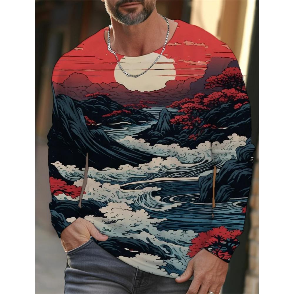 Spring and Autumn Round Neck 3D Ukiyoe  Printed Top Fashionable Casual Long Sleeved Men's T-shirts