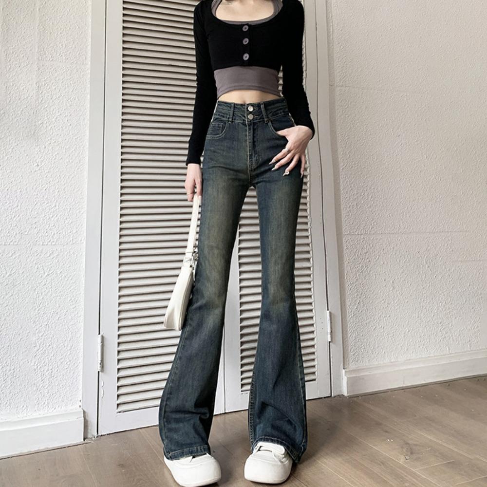 

Micro-pull jeans women s spring and autumn new small slim American retro high-waisted slim flared pants XL