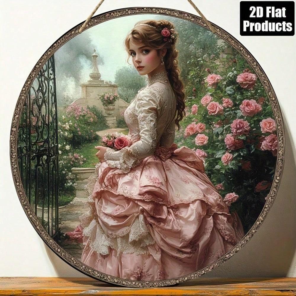Vintage 2D Plane Round Wood Board Wall Art 8x8, Retro Woman Painting Metal Sign for Home Decor Kitchen Cafe Bar Living Room