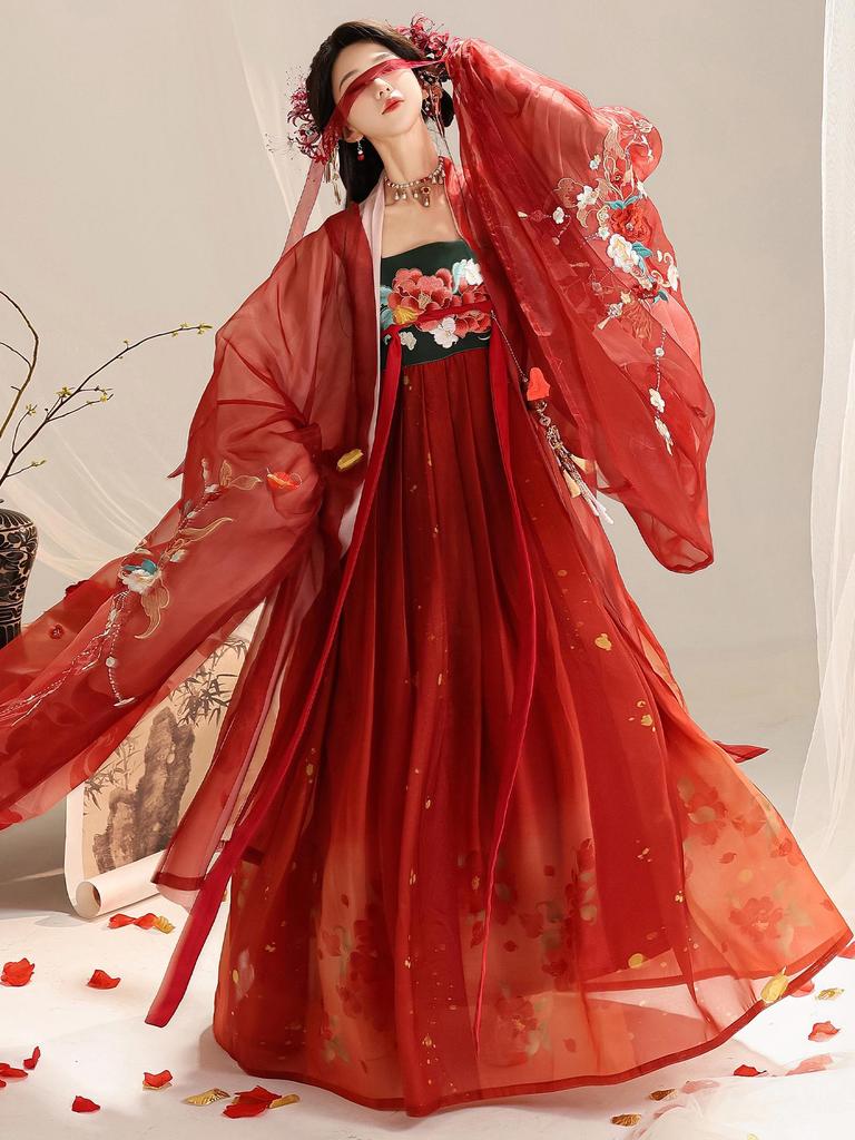 Hanfu Dinastia Tang: Gonna Hezi con Dodici Dee dei Fiori e Top Rosso a Maniche Ampie con Ricami Pesanti (Stile 2026)