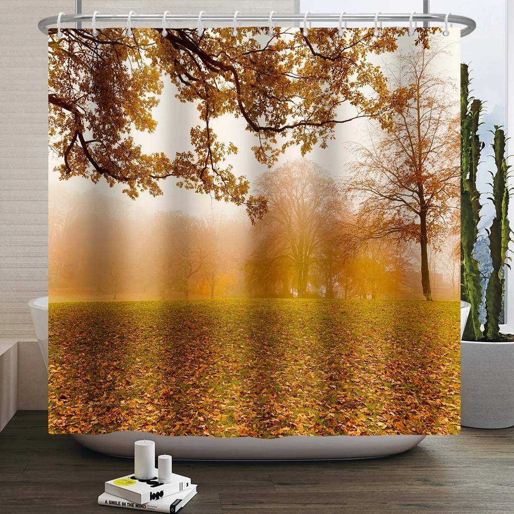 Fall Forest Natural Scene Shower Curtain for Bathroom Autumn Maple Tree Plants Rural Landscape Pumpkin Waterproof Shower Curtain