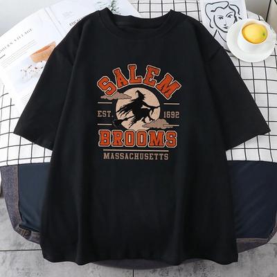 Halloween Witch Salem Brooms Unisex Short Sleeve Creative Street Tops Casual Hip Hop Clothing O-Neck All-math Unisex Cotton T-Shirts