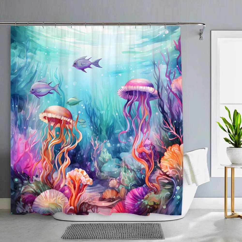 Ocean Animals Bathroom Curtains Watercolour Octopus Jellyfish Turtle Polyester Fabric Washable Shower Curtains Bathroom Decor
