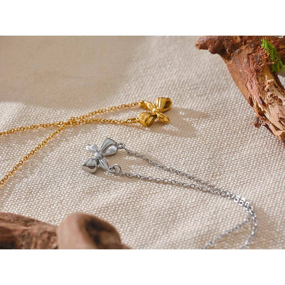 Yhpup Trending Stainless Steel Bowknot Bow Pendant Necklace Waterproof Women Chic Fashion Jewelry Gift Option Best-Selling