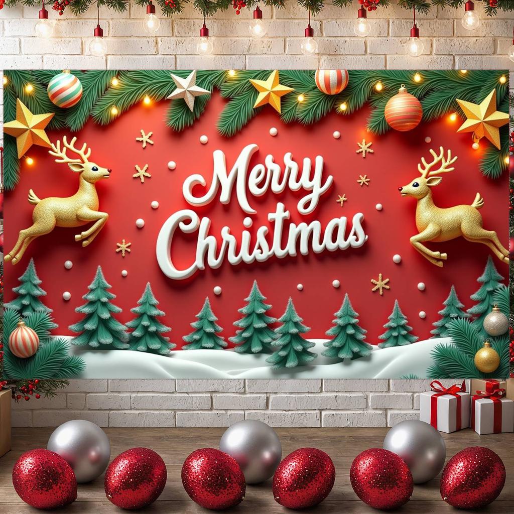 Festive Banner Pine Branch Reindeer Banner Merry Christmas Banner Golden Reindeer For Indoor Celebration Festive Event Office