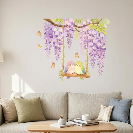 Watercolor Wisteria Birds Wall Decal, Self-Adhesive Residue-Free Window Sticker, Easy Apply Wall Sticker for Bedroom Kitchen Bathroom
