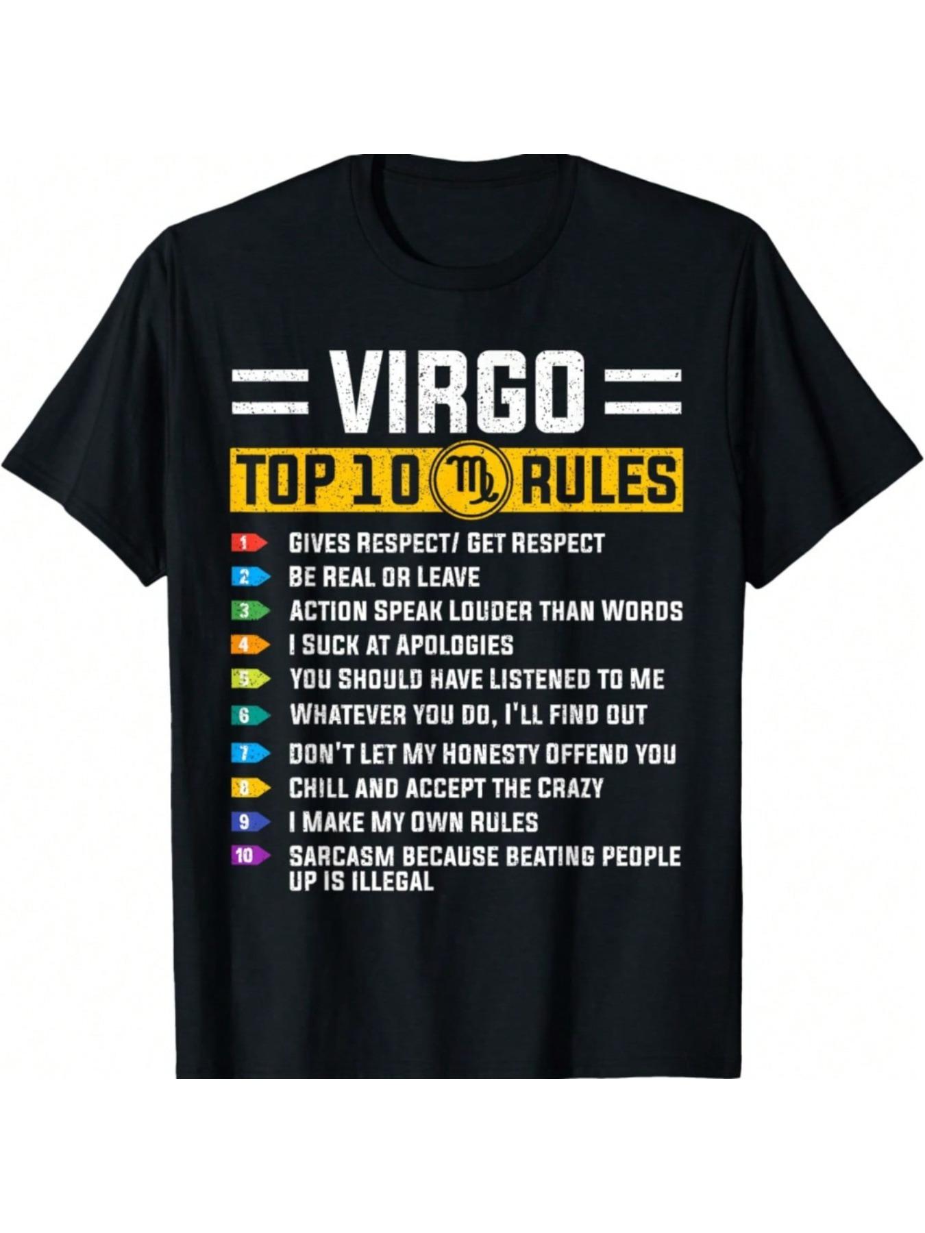 Virgo Zodiac Top 10 Rules Mens TShirt Casual Black Cotton Tee with Colorful Embellished Horoscope S
