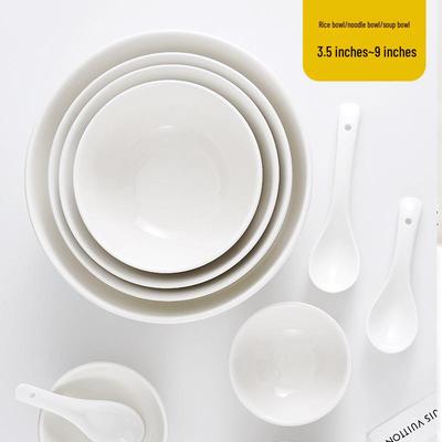 Jingdezhen White Porcelain Bowl Set - Includes Noodle and Soup Bowls with Chopsticks, Ideal for Home or Restaurant Dining