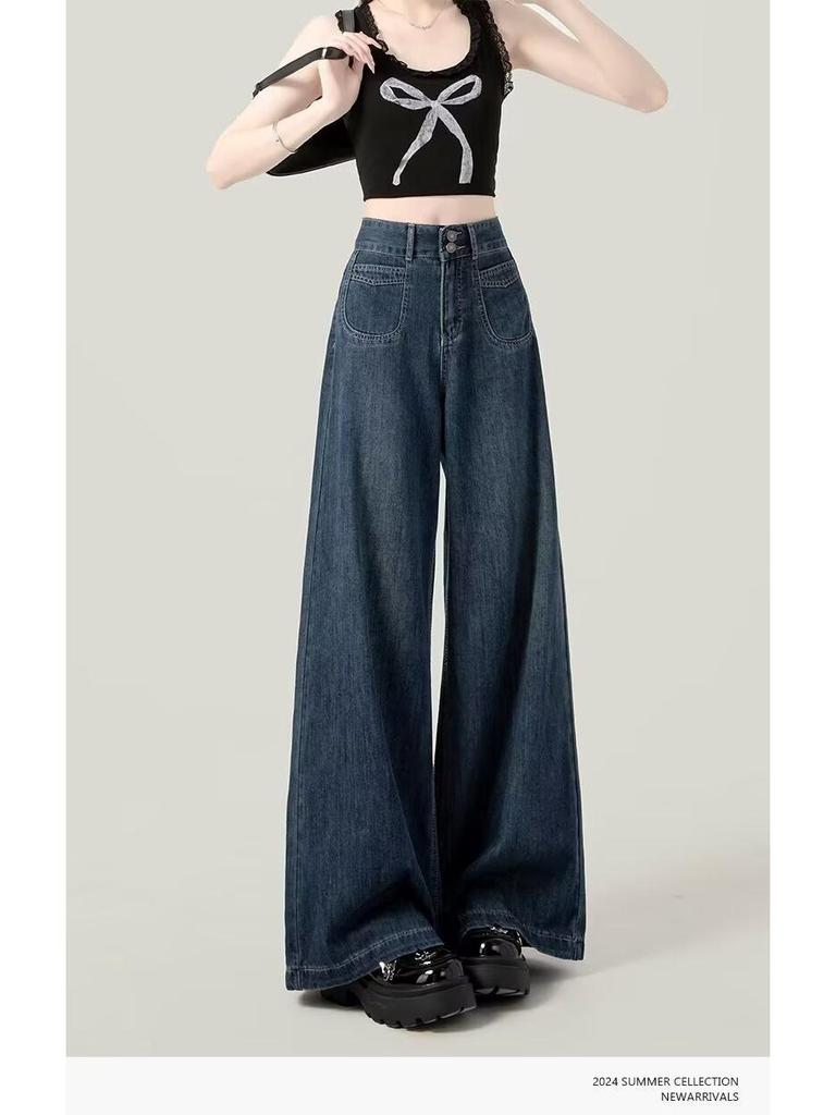 Women's Dark Blue Wide-Leg Relaxed Fit Jeans - Autumn Collection