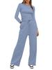 European & American Women's Solid Color Casual Sports Set: Long Sleeve Top & Wide-Leg Pants.
