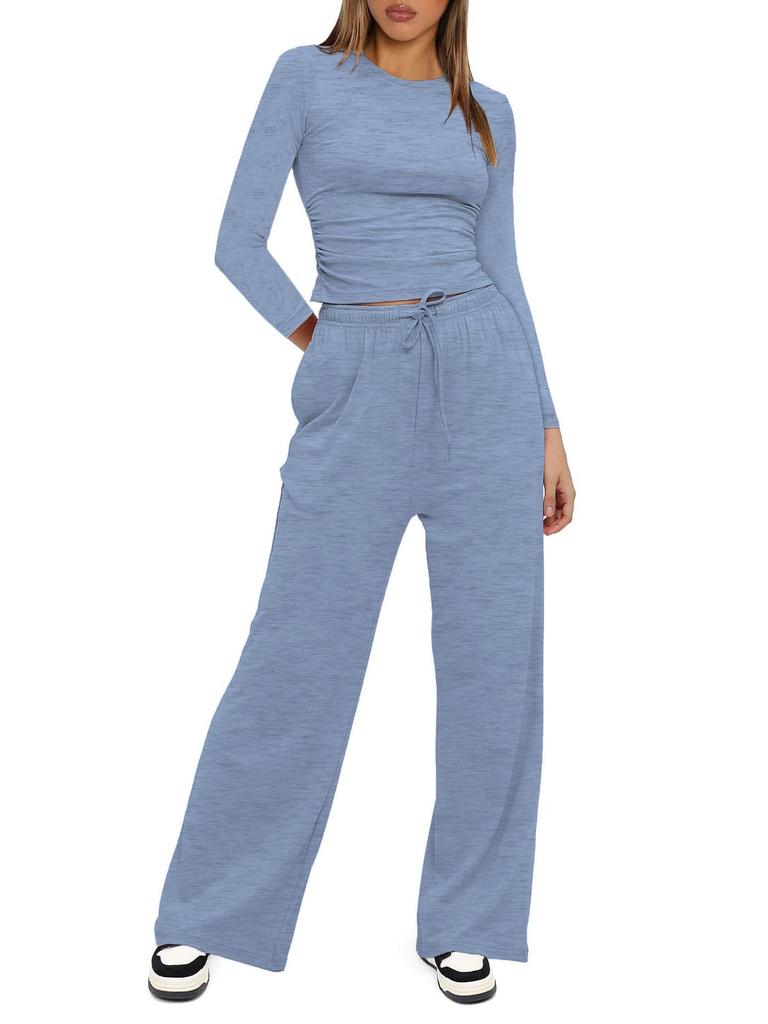 European & American Women's Solid Color Casual Sports Set: Long Sleeve Top & Wide-Leg Pants.