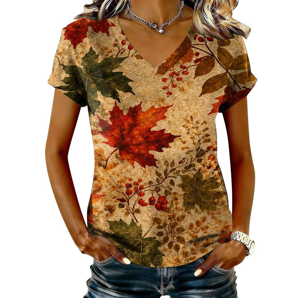 Women's V-Neck Short Sleeve Top with Maple Leaf Print for Casual Everyday Wear