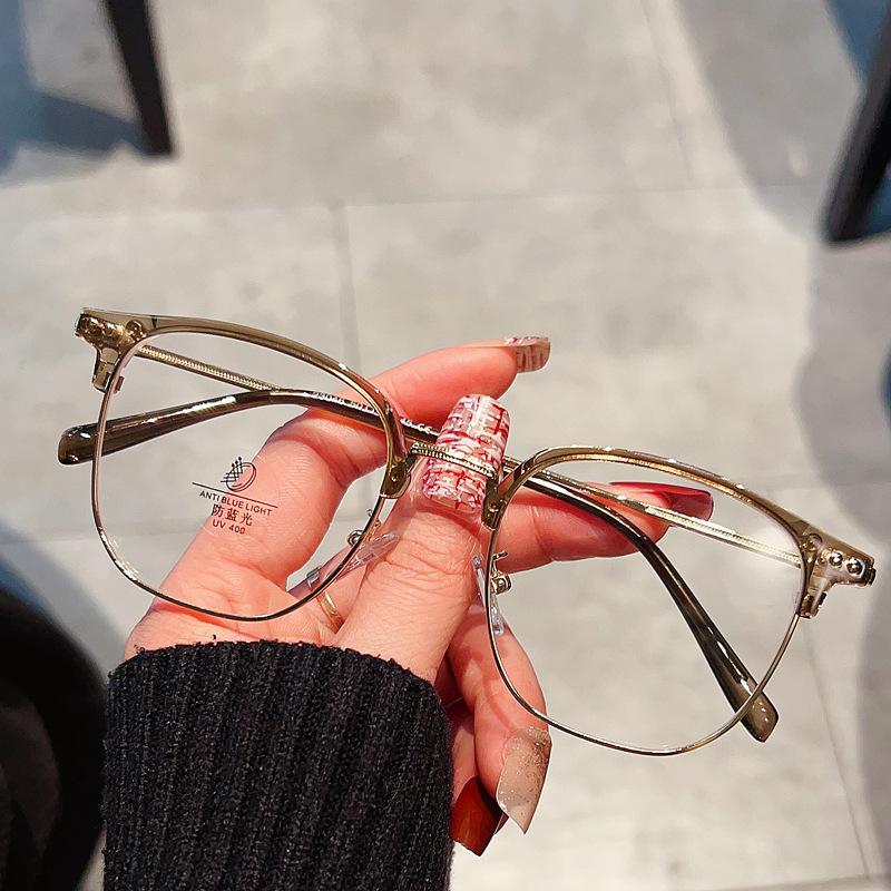 

Очки для близорукости с полуоправой для бровей для женщин могут быть оснащены градусной плоской оправой для очков в стиле ретро с защитой от синего света для мужчин no degree of anti-blue light оливковое зеленый