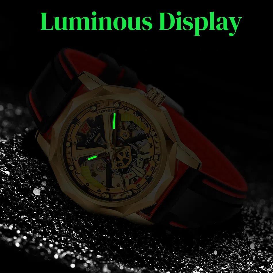 FORSINING Mens Watches Hand-winding Mechanical Skeleton Watch for Men Hollow Out Rubber Strap Waterproof Luminous Mens Wristwatch
