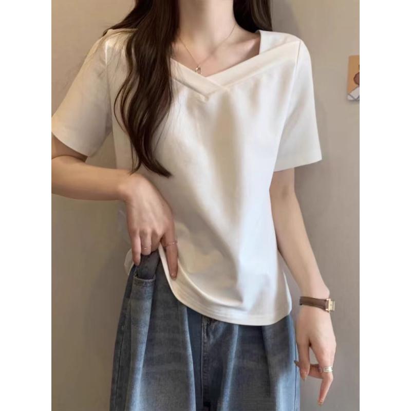 

Summer New Square-Neck Design Slimming Short-Sleeve T-Shirt For Women Black Niche Casual Loose Top S белый