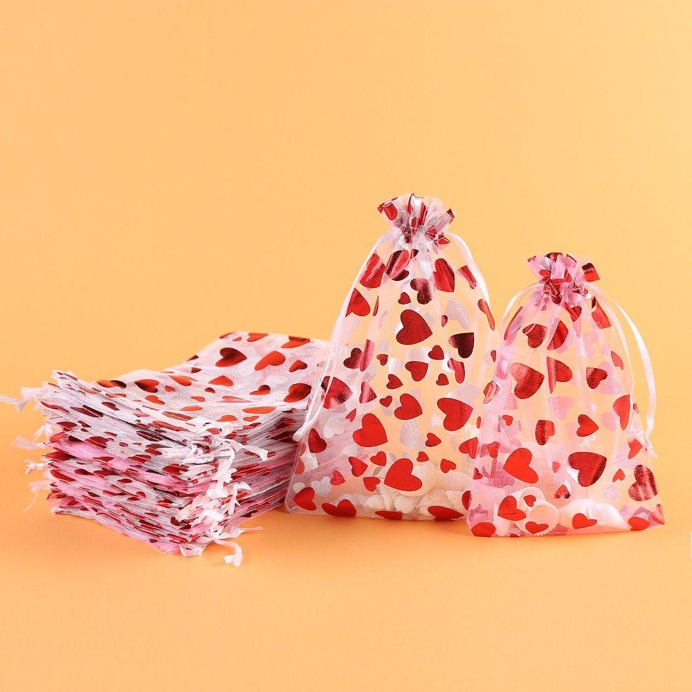 20pcs Love Heart Valentine's Day Gift Bag Drawstring Bronzing Gift Bag Mesh Candy Pouches  Wedding