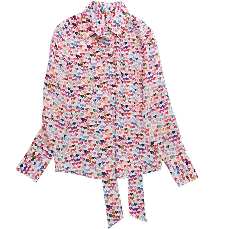Clearance Women's Silk Long-Sleeve Shirt with Colorful Heart Print & Removable Bow