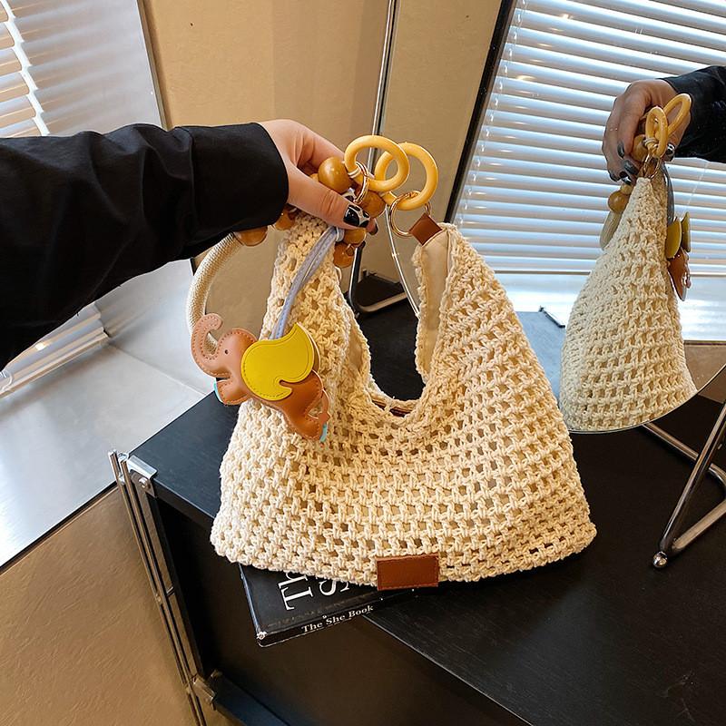 Womens Casual Hollow Woven Large Tote With Crochet Elements And Inner Pouch For Weekend Outings