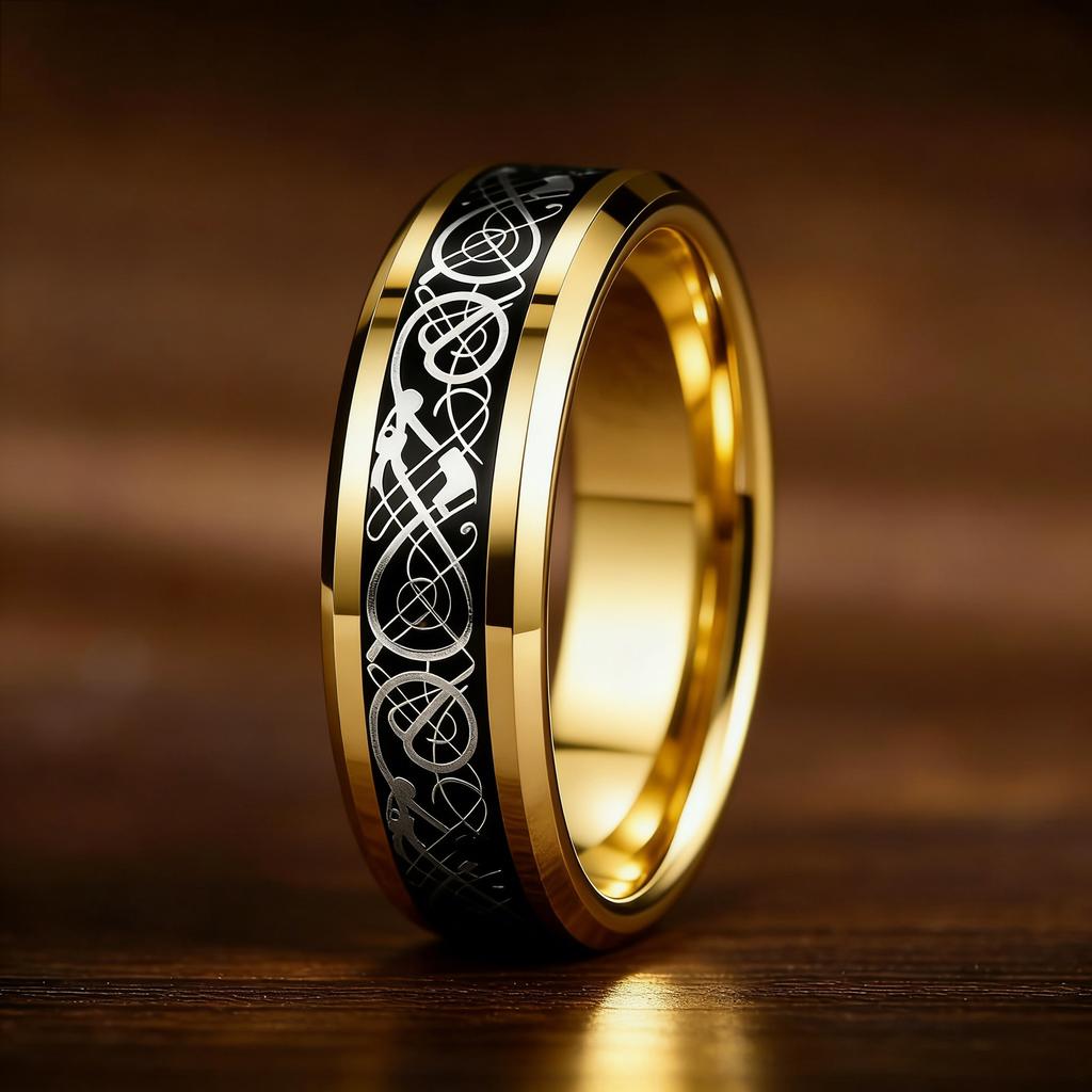 Celtic Black Carbon Fiber Rings,  Gold Color Men Stainless Steel Dragon Rings, Men Wedding Band Jewelry