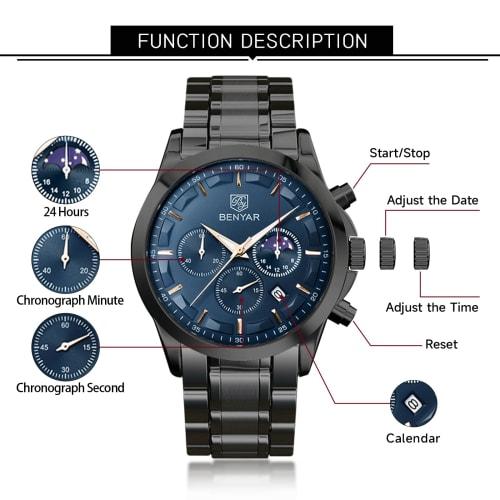 Watches Men's BENYAR Multi Calendar, Chronograph, Business Formal Men's Leather Strap, Analog Watch, Waterproof and Scratch Resistant Silver Blue