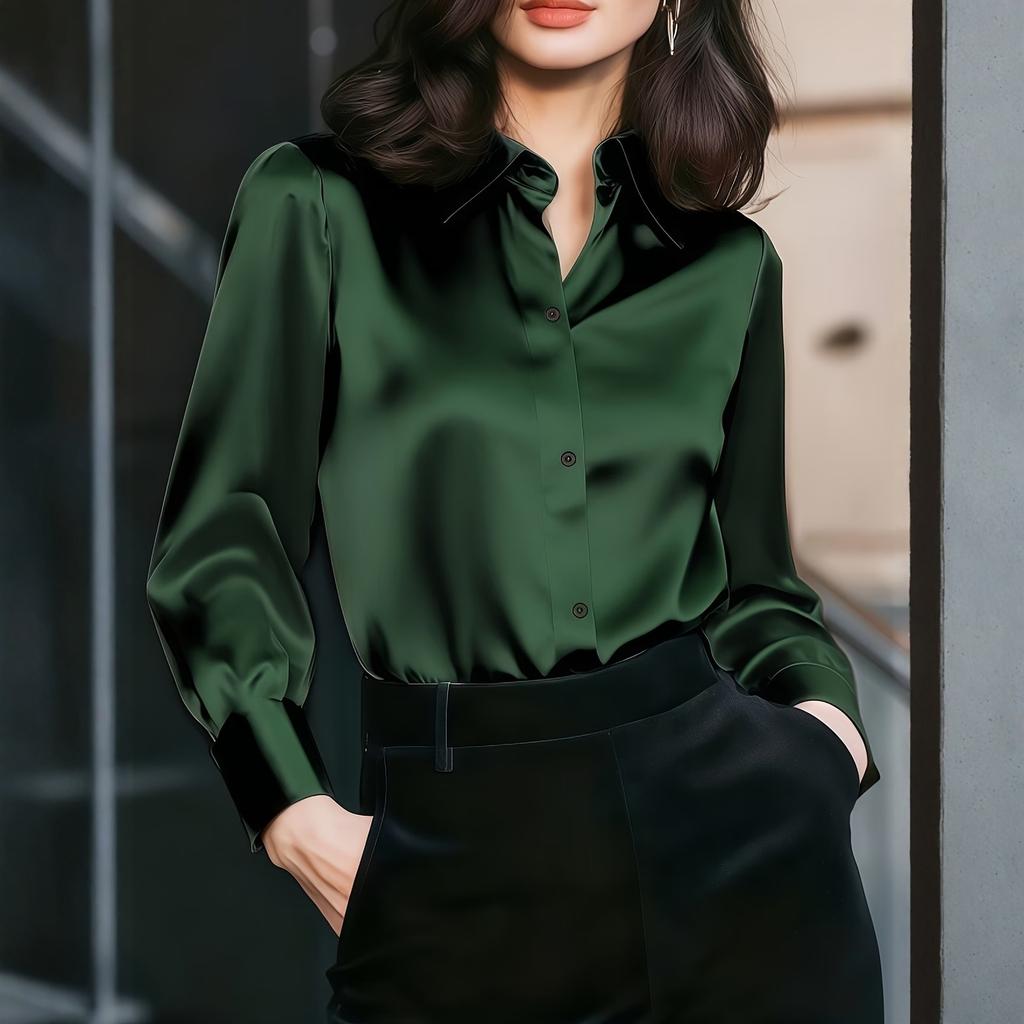 Women Long Sleeve Button Down Shirt Elegant Satin Blouse Classic Collar Loose Fit Office Top for Business Casual Wear