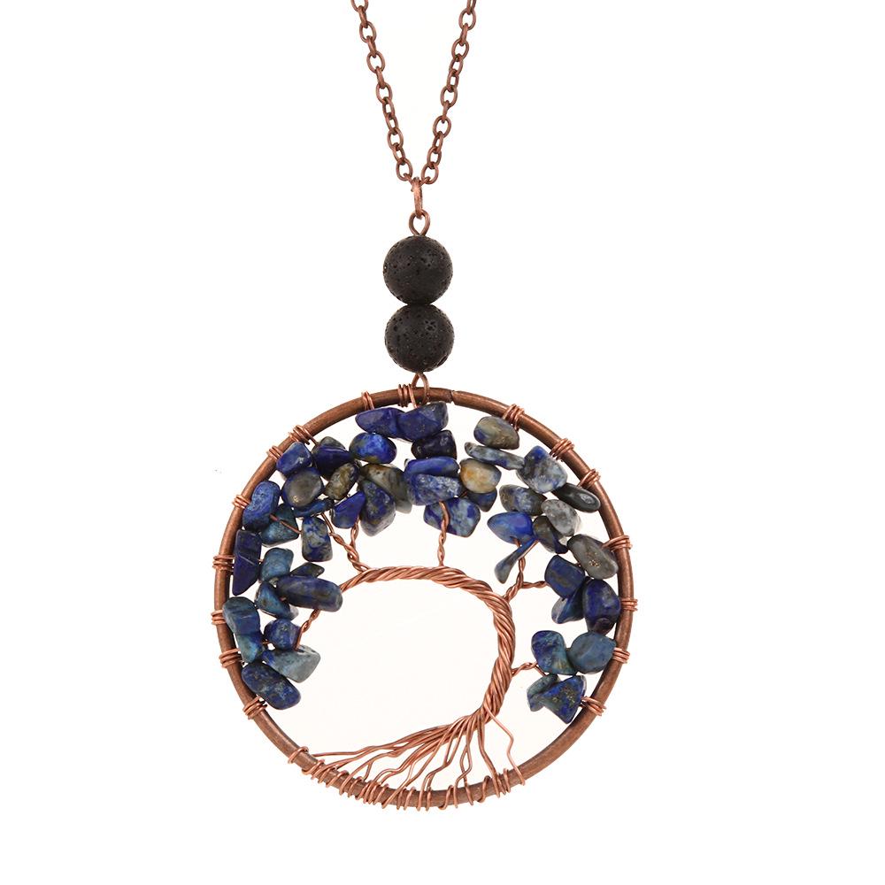 Natural Stone Agate Tree of Life Necklace with Crystal Volcanic Rock