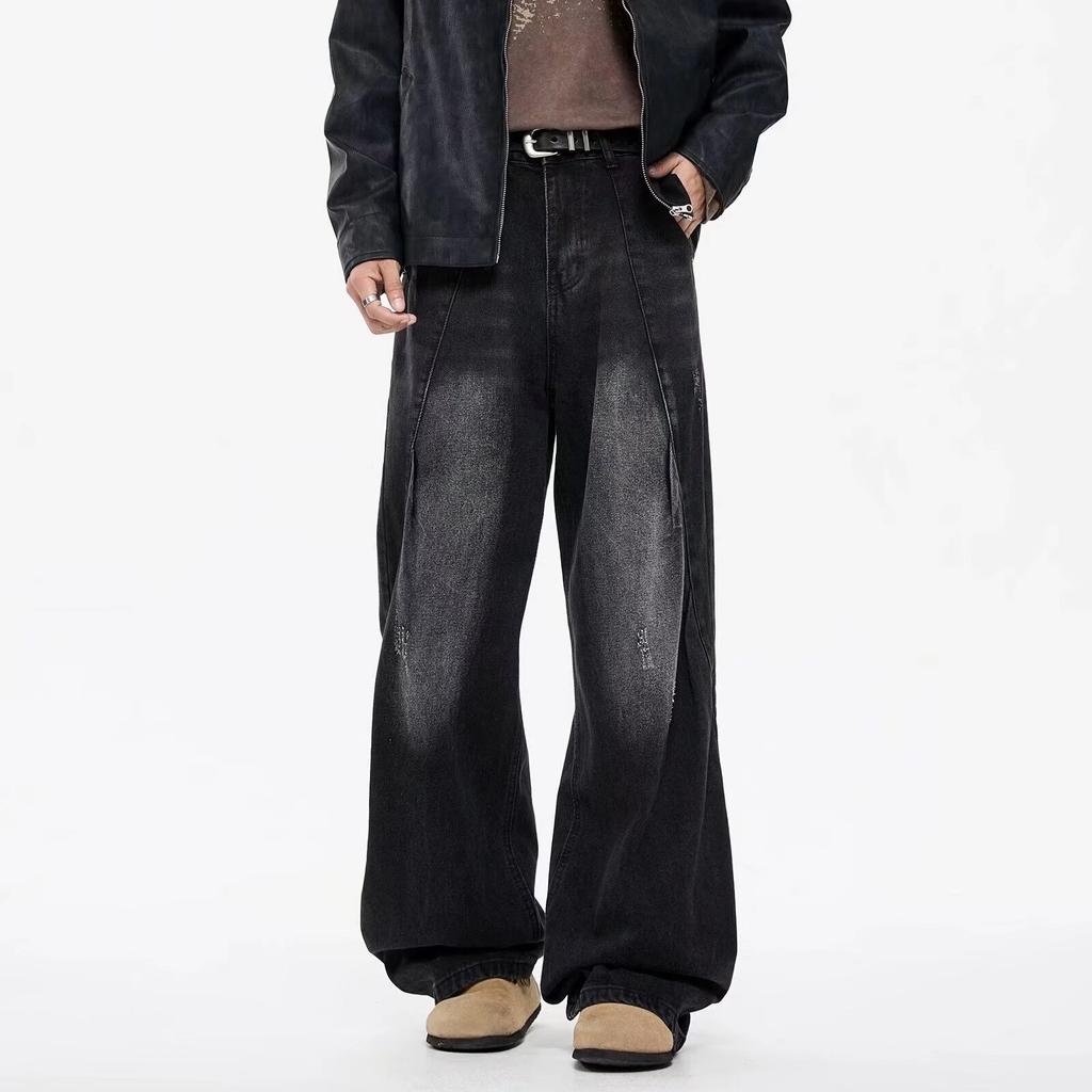 JYL Men's Wide-Leg Jeans American Vintage Washed Blue High-Street Loose Straight Denim