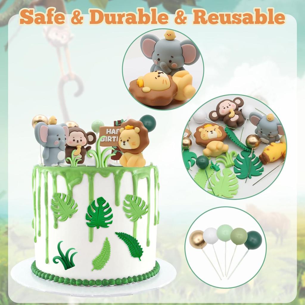 Safari Animal Cake Topper - Jungle Wild Cake Toppers with Monkey Lion Elephant Giraffe and Leaves Balls Cake Decorations